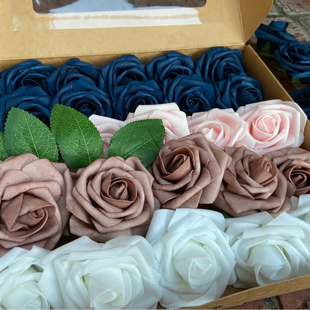 25 count White Navy Blue Blush Pink Dusty Rose Wedding Flowers Bouquets